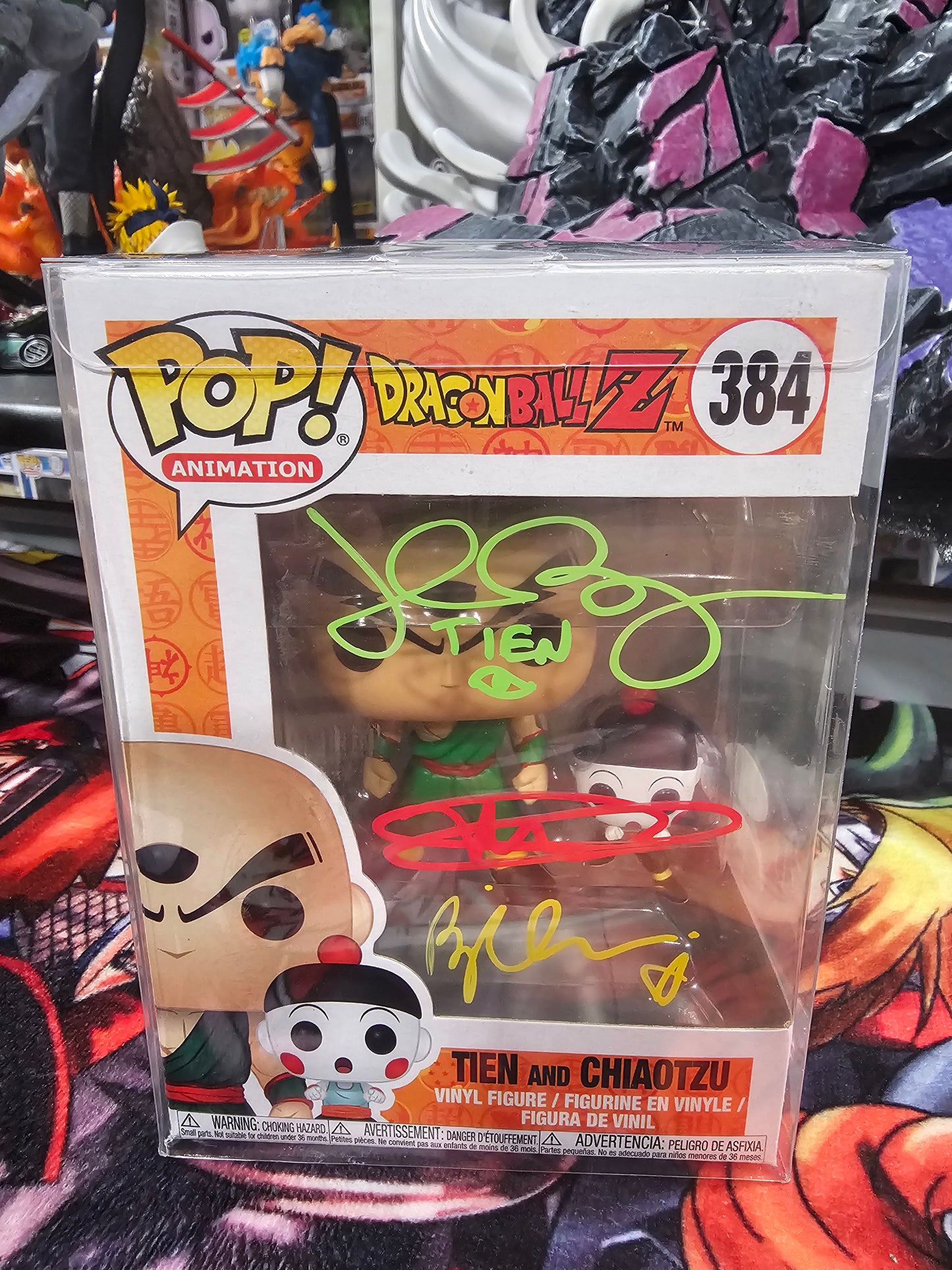 Dragon Ball Z Tien and Chiaotzu Funko Pop Signed by John Burgmeier, Brina Palencia, and Monica Antonelli