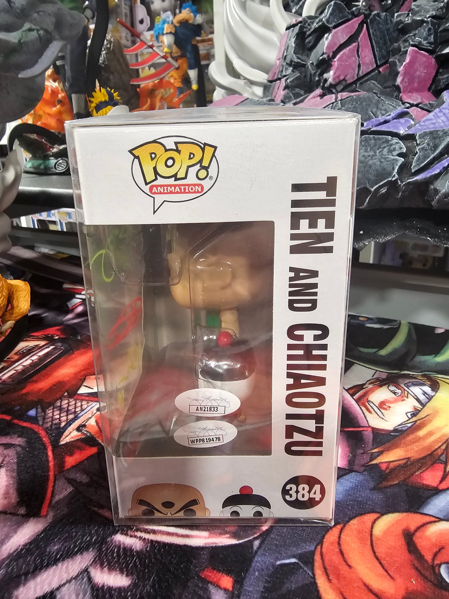 Dragon Ball Z Tien and Chiaotzu Funko Pop Signed by John Burgmeier, Brina Palencia, and Monica Antonelli