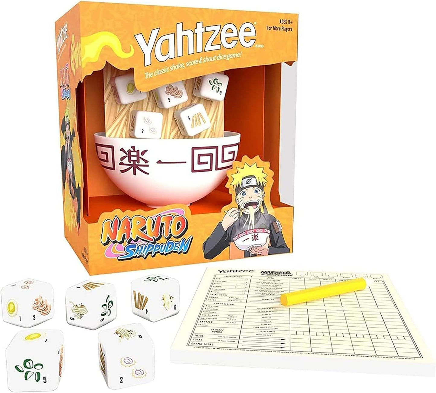 USAOPOLY YAHTZEE: Naruto Shippuden | Collectible Ramen Bowl Dice Cup | Classic Dice Game Based on Anime Show | Great for Family Night | Officially-Licensed