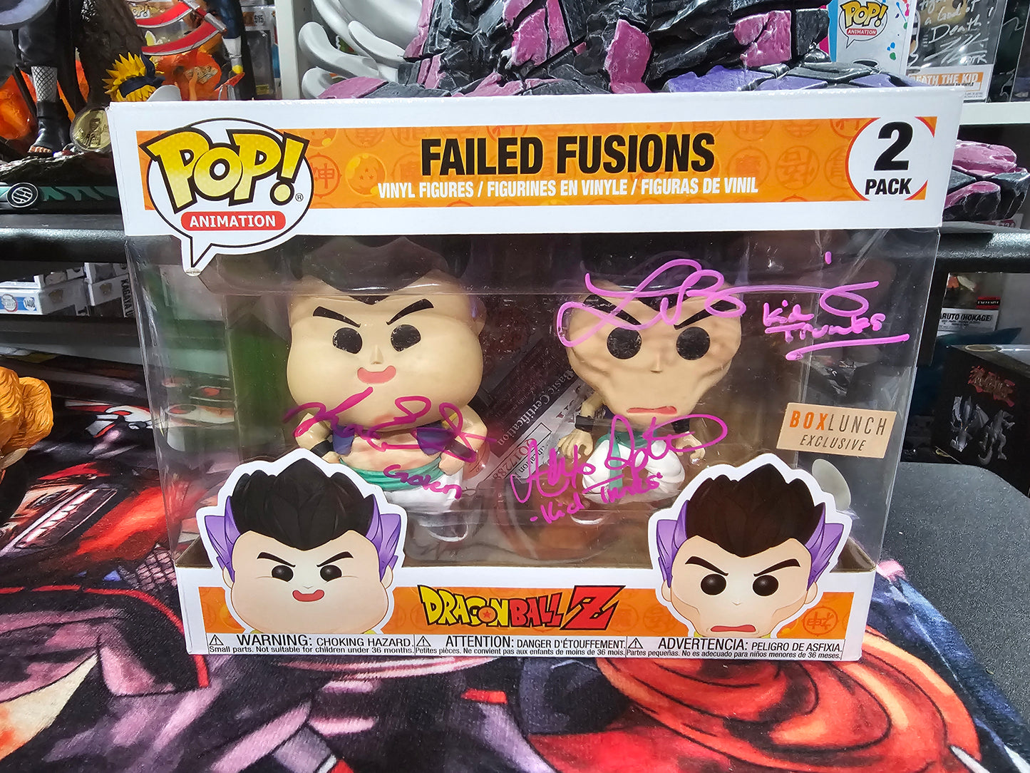 Dragon Ball Z Failed Fusion Box Lunch Funko Pop Signed by Laura Bailey, Kara Edwards, and Alexis Tripton