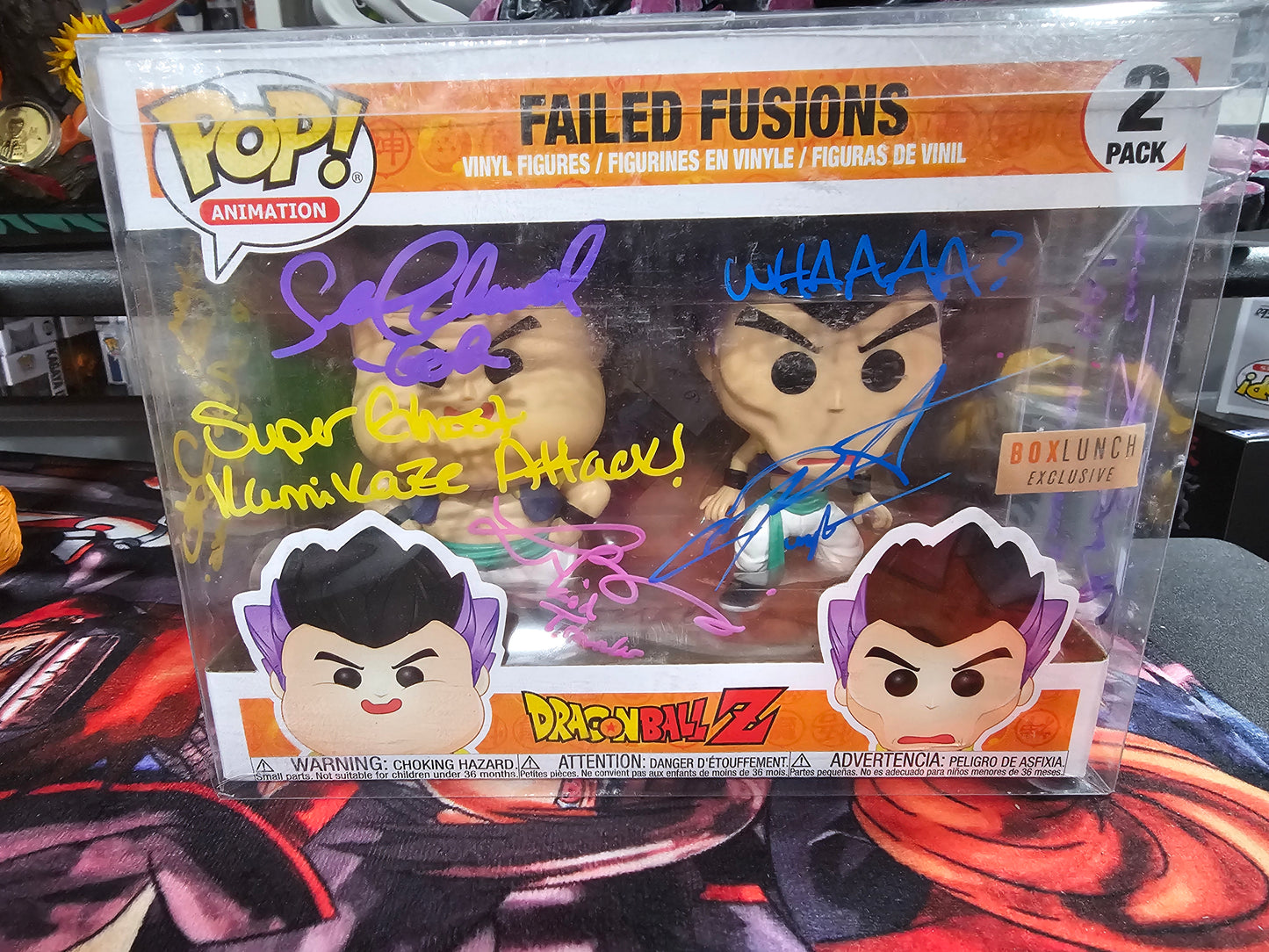 Dragon Ball Z Failed Fusion Box Lunch Funko Pop Signed by Sean Schemmel, Chris Sabat, Laura Bailey, Kara Edwards, and Alexis Tripton